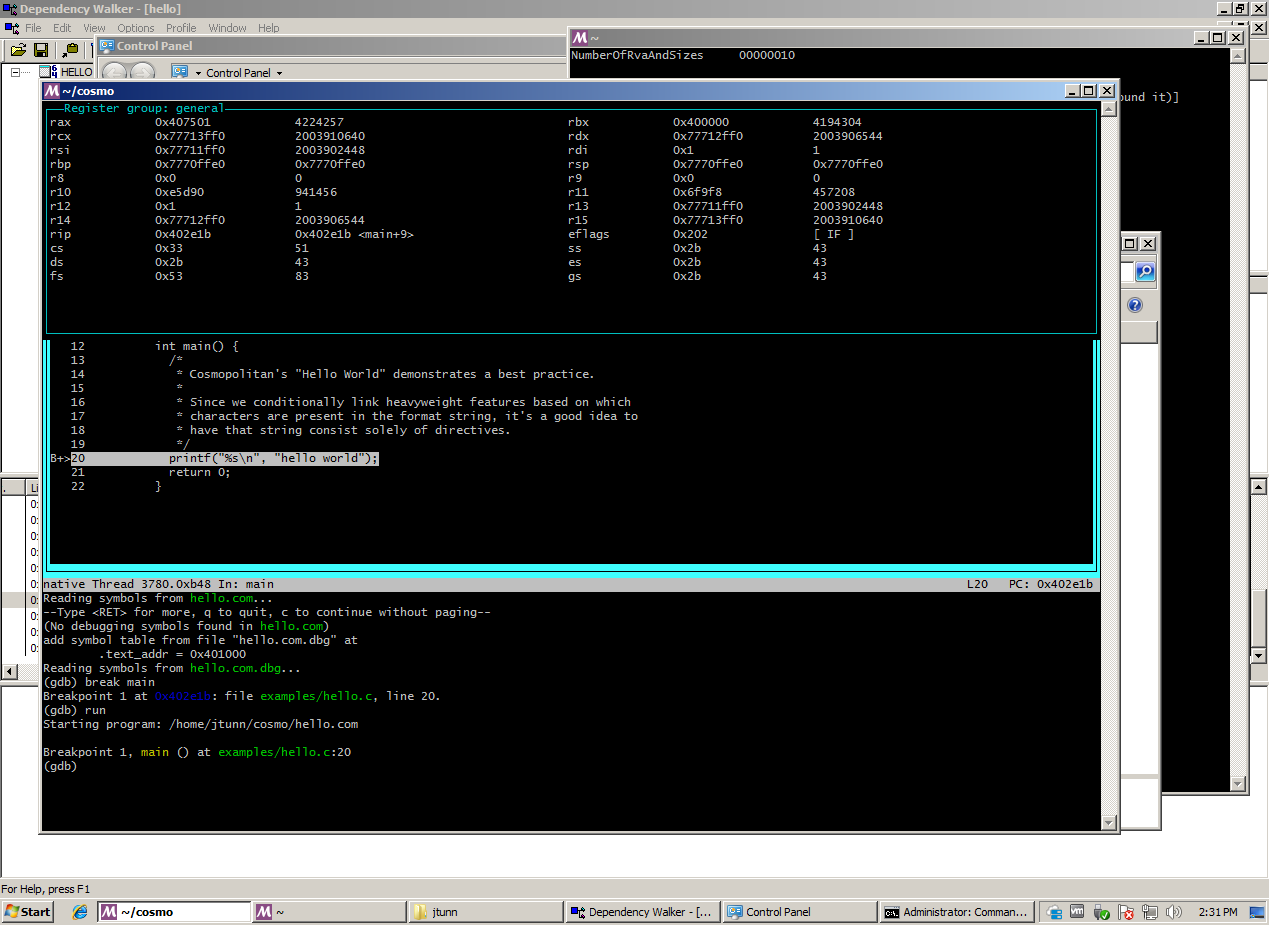 Screenshot of GDB debugging an APE binary on Windows 7