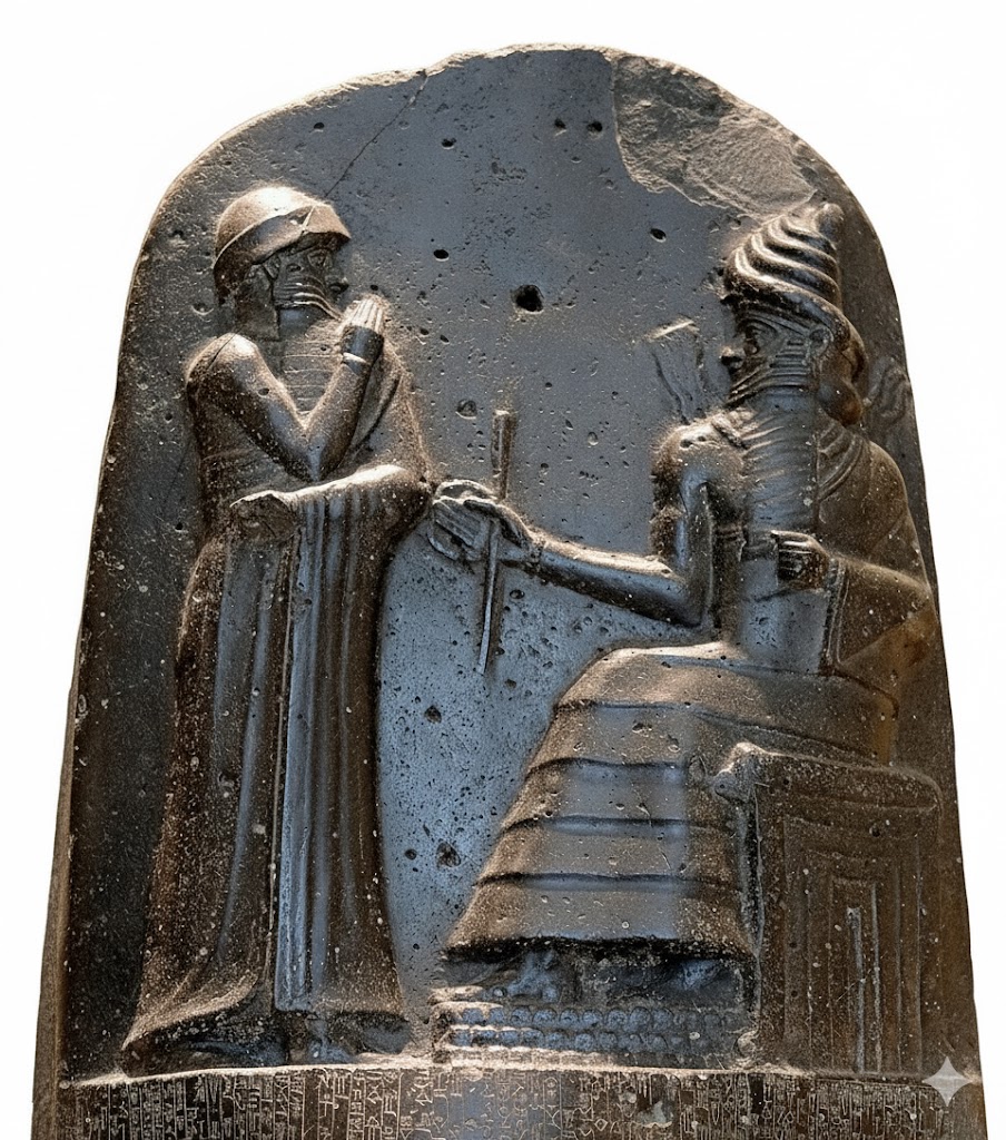 [Hammurabi (standing) receiving his royal insignia from Shamash (or possibly Marduk)]