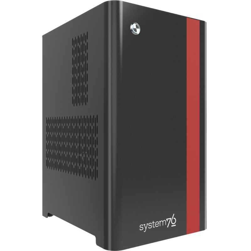 Photo of System76 Ampere workstation, a black tower with a red stripe on the front